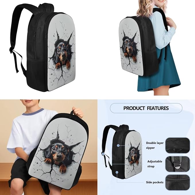 School Backpack Set, Funny Dachshund Portable School Bags with Water Bottle Carrier Lunch Boxes Pencil Cases for Kids Teens Student Bag Daypack Set 4 in 1 - Image 3