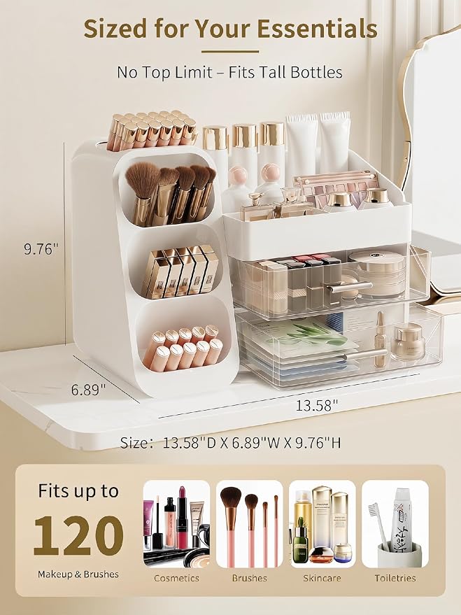 Booklov Large Makeup Organizer for Vanity and Bathroom Countertop, White | Clear Acrylic Cosmetic Display Case, Beauty Brush Holder for Dresser Counter, Storage Skincare Eyeshadow Lipstick Perfume - Image 2