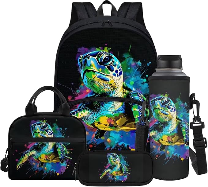 Tie-dye Sea Turtle Print School Backpack Teen Girls Kids Bookbag Casual Daypacks Travel Backpack with Lunch Box & Pencil Case & Water Bottle Sling Bag by Glomenade