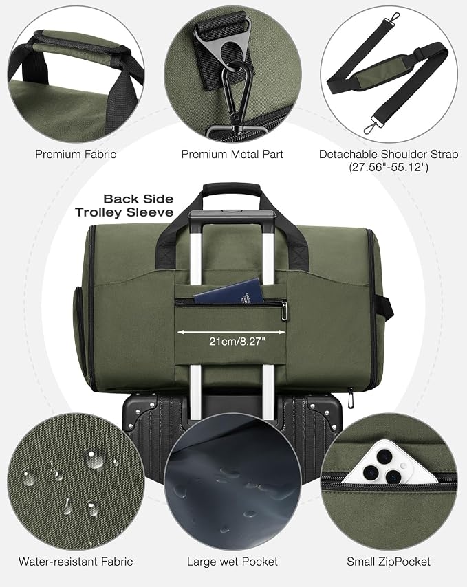 Convertible Garment Bags for Travel, 47L Garment Duffle bag for Hanging Clothes, 3 in 1 Suit Travel Bag for Business Trips with Shoulder Strap, Carry On Suit Luggage for Men,Green - Image 7