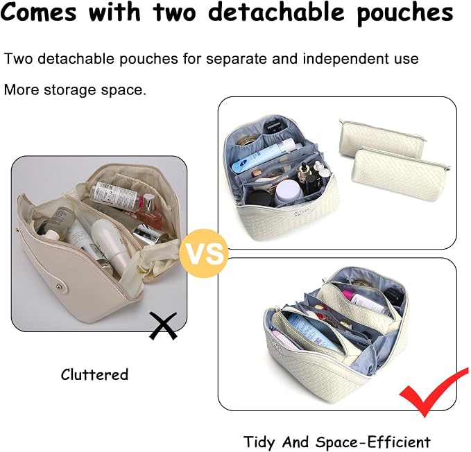 BOYATU Travel Makeup Bag Cosmetic Bags for Women: Large Capacity 3 Pcs Set Make up Bag with Compartments - Waterproof Vegan Leather Toiletry Organizer Bags with Handle (L09 Beige) - Image 7