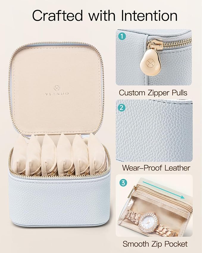 VLANDO Travel Jewelry Case,Travel Jewelry Organize with 6 Velvet Jewelry Zipper Pockets,Premium Petal Hardware Jewelry Case for Birthday Wedding Graduation Gifts-Baby Blue - Image 4
