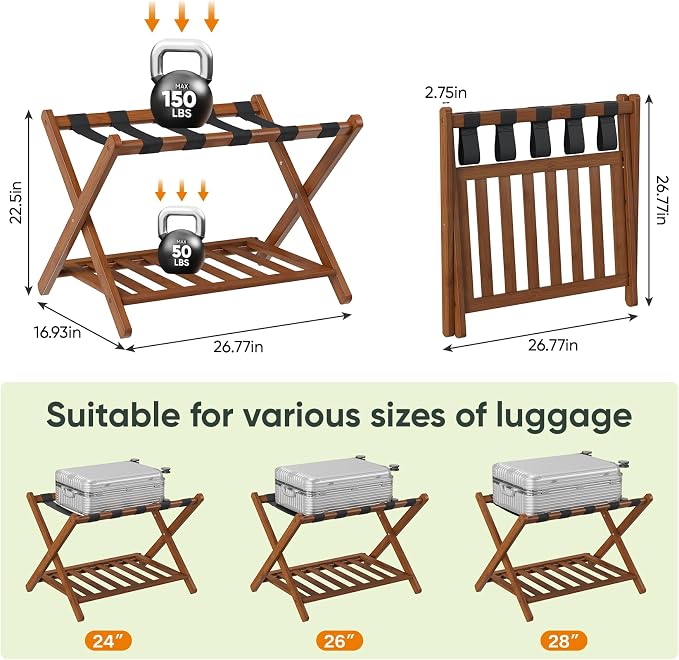 Smart FENDEE Fully Assembled Walnut Luggage Racks Set of 2, Foldable Suitcase Stand with Storage Shelf, Bamboo Luggage Holders for Guest Room, Bedroom, Hotel - Image 7