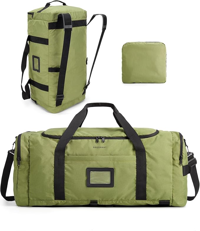 BAGSAMRT 60L Foldable Duffle Bag for Travel, Large Travel Duffel Bag for Men, 4 in 1 Travel Backpack, Carry on Weekender Bag, Army Green
