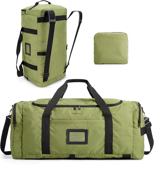 BAGSAMRT 60L Foldable Duffle Bag for Travel, Large Travel Duffel Bag for Men, 4 in 1 Travel Backpack, Carry on Weekender Bag, Army Green