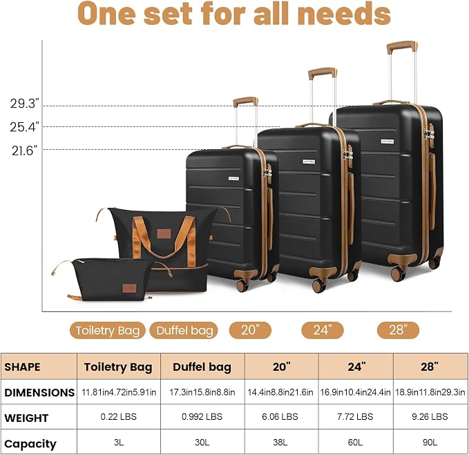 3-Piece Luggage Set with Carry On Luggage Set 22x14x9 Airline Approved, ABS Hardside Suitcase with 8 Spinner Wheels & TSA Lock, Expandable Suitcase for Men & Women (20/TB/DB Black) - Image 7