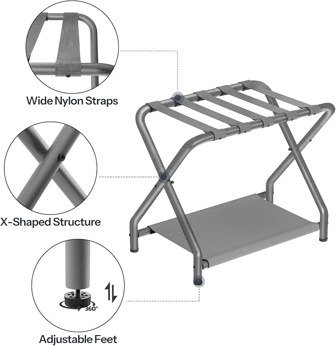 HOOBRO Luggage Rack, Pack of 2, Folding Suitcase Stand with Fabric Storage Shelf for Guest Room, Bedroom, Hotel, Holds up to 100 lb, 27 x 15.3 x 22 Inches, Space Saving, Gray GY04XLP201 - Image 5