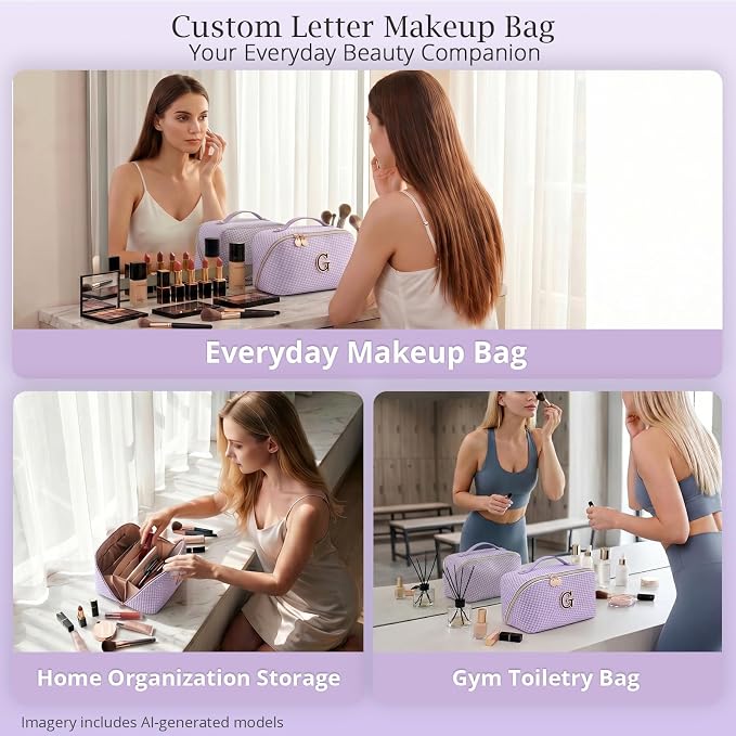 Personalized Gift Travel Makeup Bag: Initial Makeup Organizer Bag for Women | 3-in-1 Custom Make up Bag Set - Vegan Leather Travel Cosmetic Bag - Luxury Gift for Women – Birthday, Anniversary, Graduation - Image 9
