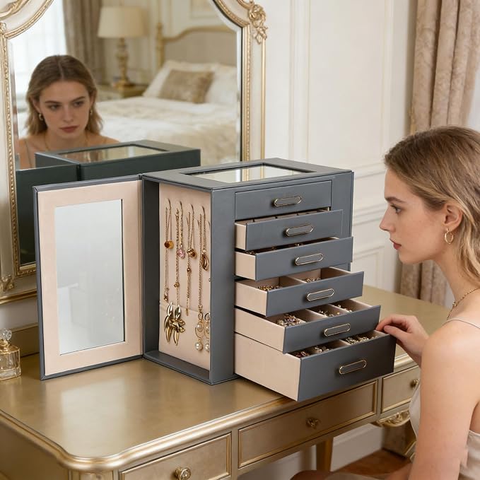BOOVO Clear Lid Jewelry Box,6 Layers Jewelry Organizer Large Jewelry Storage Box with 6 Drawers,Jewelry Holder Organzier of Rings Earrings Necklace Bracelets for Women (Grey, 6 Layer) - Image 5