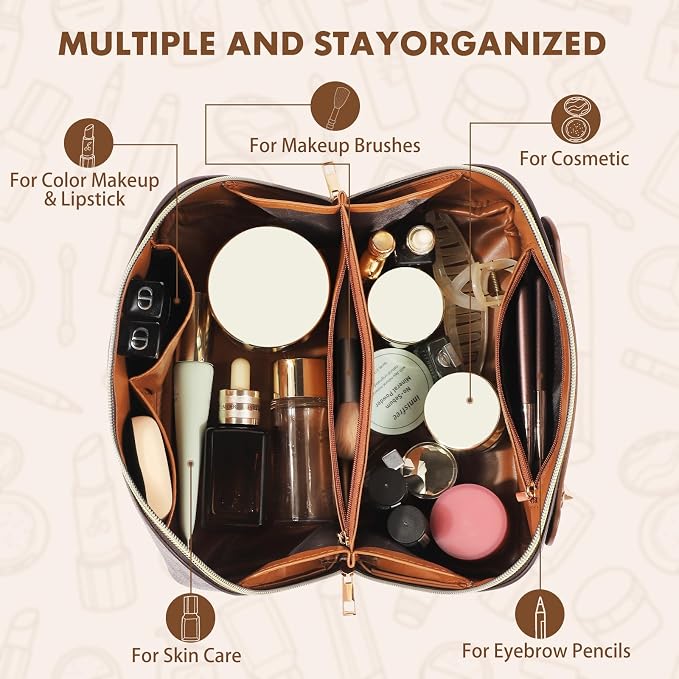 Leather Travel Makeup Bag, Large Capacity Cosmetic Bag for Women, Waterproof Portable Pouch with Divider, Toiletry Organizer with Handle, 10.5x5x5 Inches, Deep Brown - Image 3