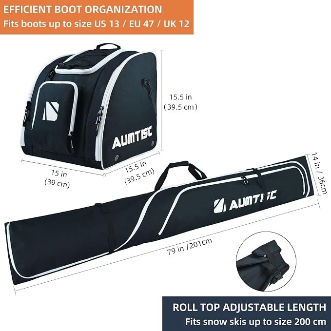 AUMTISC Padded Ski and Boots Bag Combo for Air Travel Flying, Skis Bags Adjustable Length for Skis Up to 200cm and Boots Up to Size 13 - Image 2