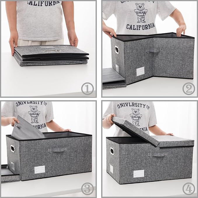 PRANDOM Storage Bins with Lids [3-Pack] Linen Fabric Foldable Storage Boxes Organizer Containers Baskets Cube with Cover for Bedroom Closet Office Grey(23.4X15.9X11.4) - Image 8