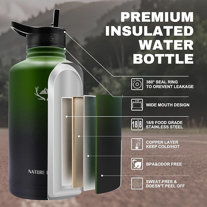 NATURE PIONEOR 64 oz Insulated Water Bottle with Carrier Bag & 3 Lids | 18/8 Food-grade Stainless Steel, Double Vacuum Insulation, 3 Leak-proof Lids, Strap, Camping, Hiking, Gym, Work - Image 2