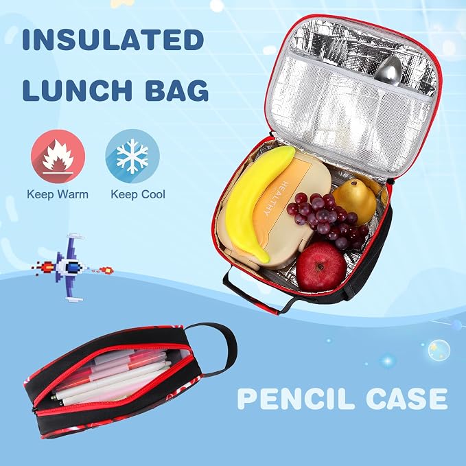 Bevalsa Backpack for Boys, School Bags for Kids with 3.5mm Jack Wired Headphones, Lunch Box & Pencil Case, Gamer Backpack for Kids Children Teens for Elementary Middle School Student (Red Lightning) - Image 5
