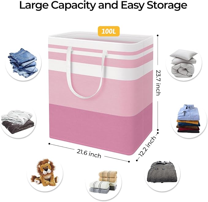 HomeHacks 2 Pack Large Laundry Baskets, Waterproof, Freestanding Laundry Hampers, Collapsible Clothes Hamper with Reinforced Handles in Laundry, College Dorm, Bathroom, Bedroom (Grey+Pink, 100Lx2) - Image 4