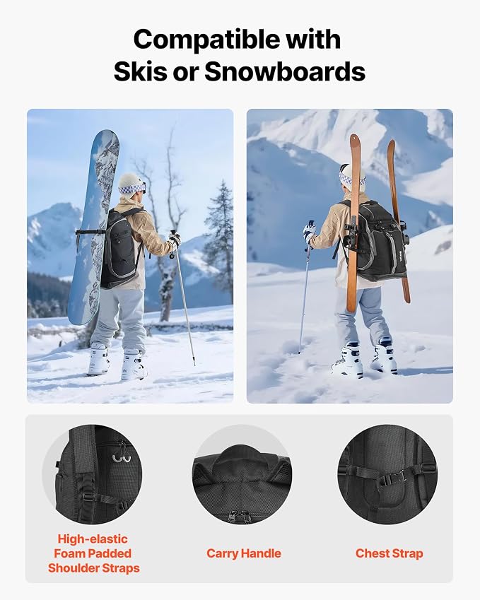 VEVOR Ski Boot Bag, Snowboard Boots Travel Backpack for Men Women, with Waterproof Exterior & Bottom, Durable 1680D Oxford, Bag for Skis, Snowboard, Helmet, Goggles, Gloves, Accessories - Image 7