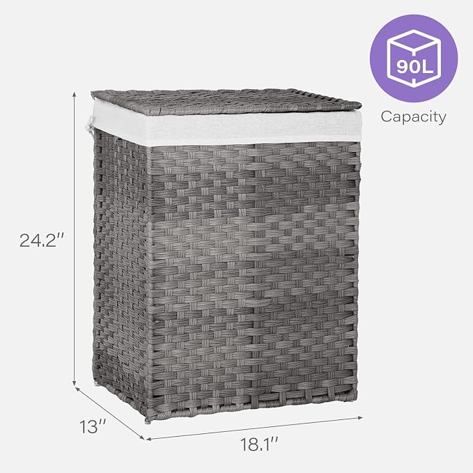 Paylesshere Laundry Basket Handwoven Laundry Hamper 90L/110L Foldable Rattan Hamper With Lid,2 Removable Liner Bags & 6 Laundry Bags,Clothes Hamper Bathroom Laundry Basket,Grey - Image 8