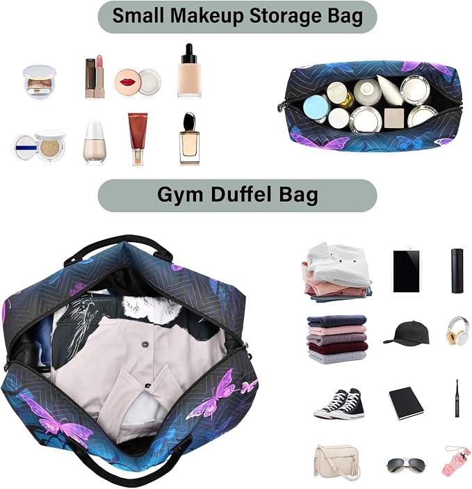 YETTASBIN Travel Duffel Bag for Women Men, Purple Blue Butterfly Large Waterproof Weekender Overnight Bag, Detachable Shoulder Strap Travel Sport Gym Bag with Toiletry Bag - Image 4