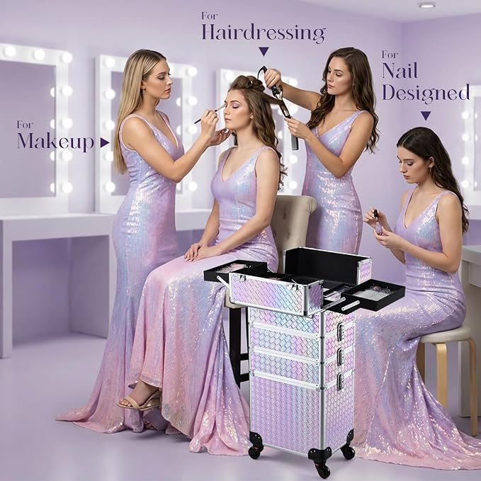 Stagiant Rolling Makeup Case Cosmetology Case on Wheels 4 in 1 Makeup Travel Case Extra Large Cosmetic Box with Key Make Up Artist Traveling Storage Nail Case Salon Barber Cart Trunk Pinkish Purple - Image 3