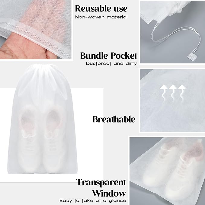 Shappy 100 Pcs White Travel Shoe Bags Non Woven Packing Drawstring Sacks Clear Window Large Storage Pouch Organizer for Men Women - Image 3