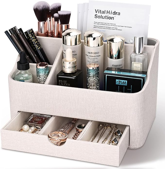 KINGFOM Leather Makeup Organizer with Drawer, Cosmetic Storage for Dresser Countertop and Bathroom Vanity, Beauty Holder for Lipstick Brush Skincare (Beige) by KingfomLeatherHomeOfficeDecor