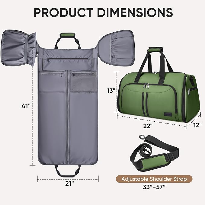 BALEINE Travel Garment Bag, Travel Suit Bag for Men, Water Resistant Carry on Garment Bag for Hanging Clothes, Garment Duffel Bag for Travel Business (Green-Convertible) - Image 2