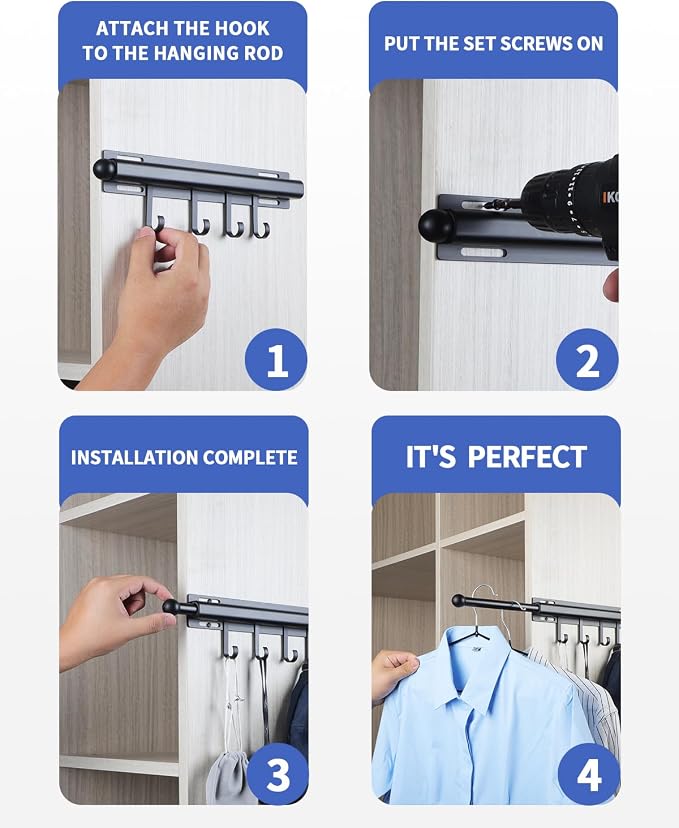 BaiNong Valet Rod for Closets Pull Out 12" Black with 4 Hooks | Closet Valet Rod Slide Out for Closets, Laundry Rooms, RVs Space-Saving - Image 3