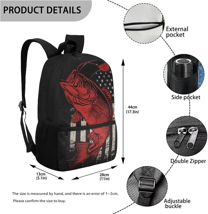 Patriotic Fishing Backpack Boys Lunch Box Set for 8-12 Elementary 4th of July School Bag and Pencil Case 4-in-1 Kids American Flag Fishing Bookbag Outdoor Rucksack - Image 3