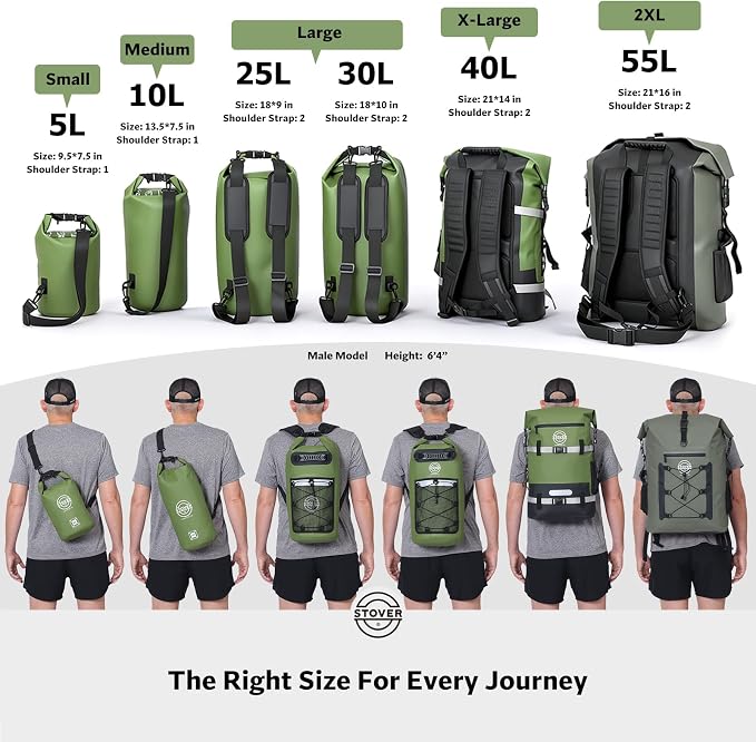 STOVER 30/40/55L Waterproof Dry Backpack & Phone Case- 2XL Floating Dry Bag for Kayaking, Travel, Hiking, Fishing, Camping, Motorcycles & Beach, Heavy-Duty Roll Top Men/Women (Green) - Image 8