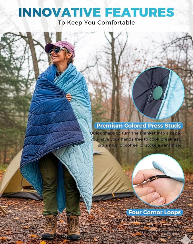 KingCamp Ultralight Camping Blanket, Packable Down Alternative Puffy Printed Wearable Blanket with Snap Buttons & Corner Loops Weatherproof Quilt for Outdoor Travel Stadium (78.7"L x 57.1”W, CYAN) - Image 6