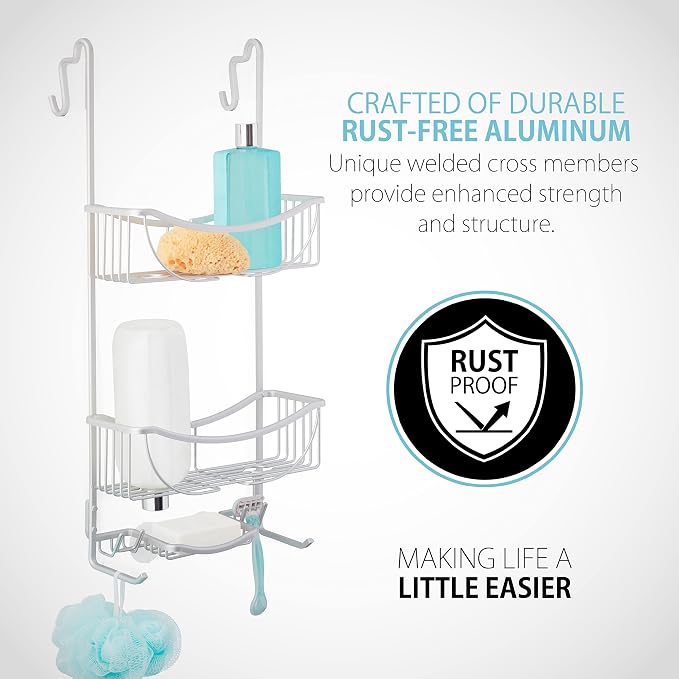 Better Living Products 13634 VENUS 3-Tier Over the Shower Door Caddy, Grey | Rustproof Aluminum Shower Door Organizer, 2 Large Baskets, Built-in Storage Hooks & Soap Dish, Suction Cups, No Drill - Image 6