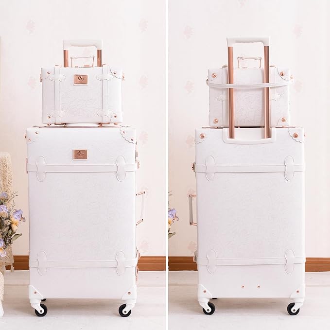 urecity 20" Rose White Vintage Luggage Set 2 Piece, Aluminum Frame Retro Carry On Suitcase with Cosmetic Case, Vegan Leather Spinner Trunk for Women (Clear Cover Included) - Image 8