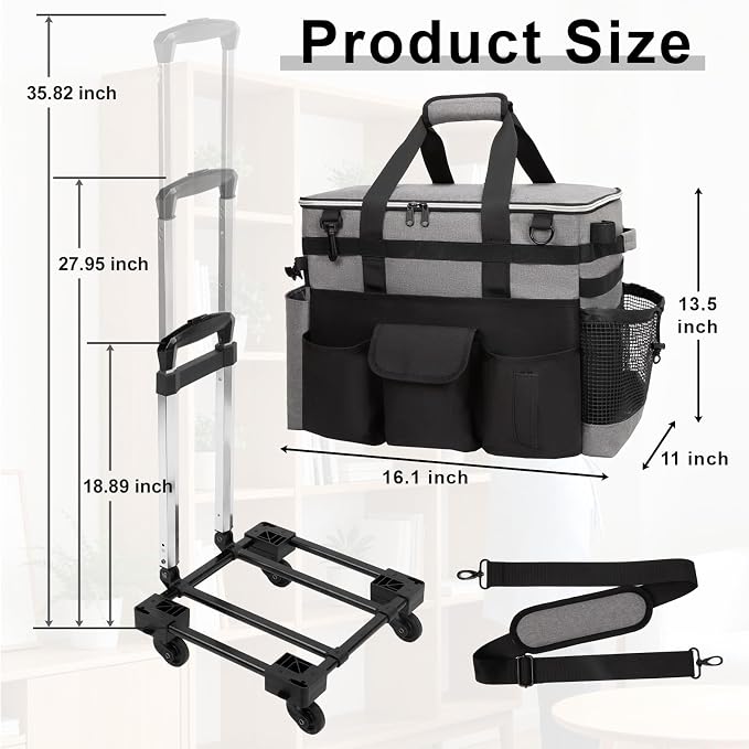 Large Rolling Cleaning Caddy with Wheels, Cleaning Supplies Organizer with Detachable Trolley, Water-resistant Cleaner Cart for Housekeepers, Multi Pocket Cleaning Cart with Strap, Gray - Image 2