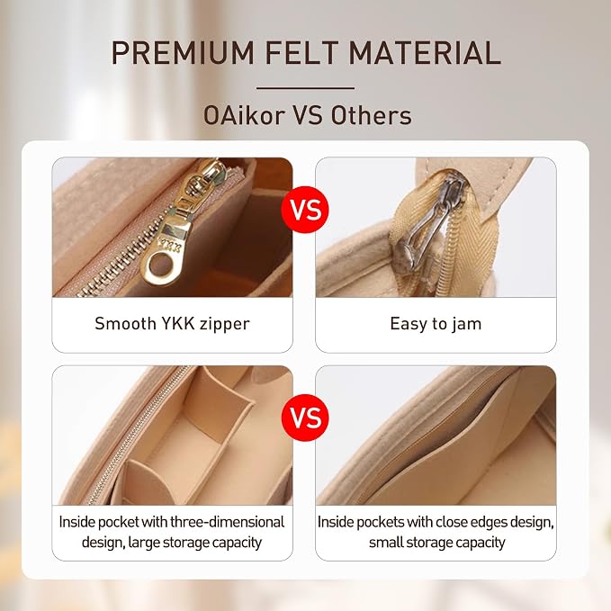 Tote Bag Organizer Insert with Base Shaper, Felt Neverfull MM Organizer, Purse Organizer Insert with Zipper Pocket and Bottle Holder, Fits Speedy 30 Neverfull MM Tote Handbags and More,Beige-L - Image 6