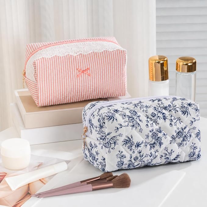 Makeup Bag Travel Toiletry Bag for Women, Small Cosmetic Bags Aesthetic Organizer Quilted Cotton Makeup Pouch&Purse Emergency Bag Floral Pencil Case Accessory Bag, Vintage Blue - Image 5