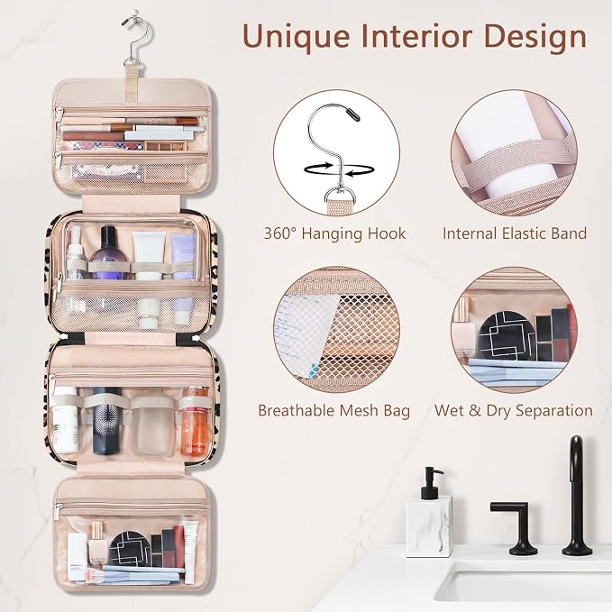 Wedama Toiletry Bag for Women, Hanging Travel Toiletry Bag with Jewelry Organizer Compartment Large Makeup Bag, PVC Waterproof Cosmetic Travel Bag Trips Camping Bathroom, Leopard Print - Image 5