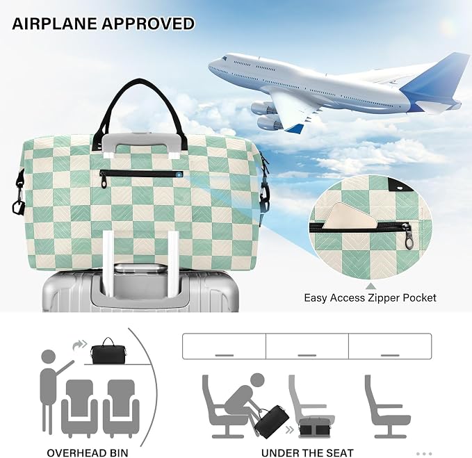 senya Weekender Bags Travel Duffel Gym Bag Mint Cream Checkerboard Carry on Overnight Tote Bag with Toiletry Bag for Airplane Travel Trip Gym Yoga, g366833926p1006c1071s2442 - Image 5