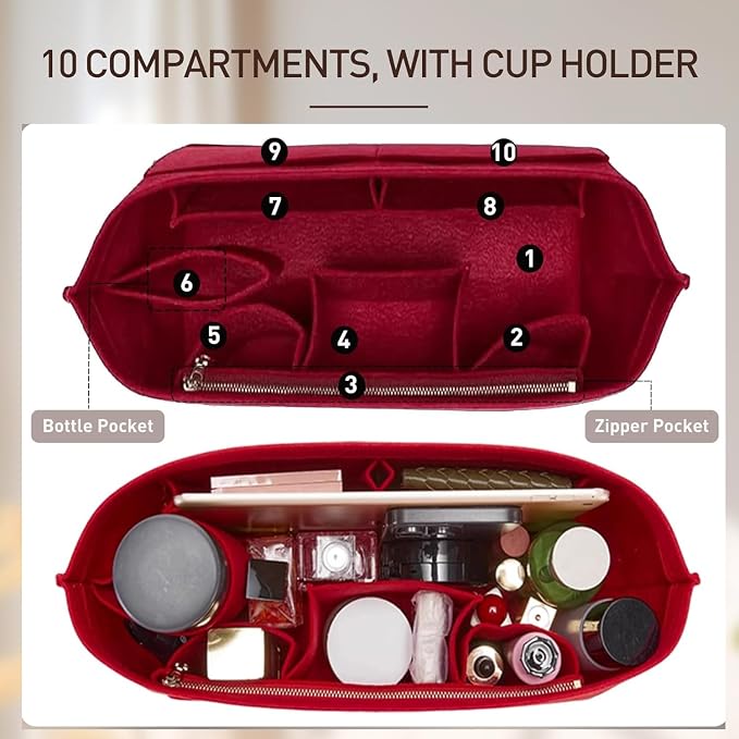 Premium Felt Purse Organizer Insert with Base Shaper Compatible with lv neverfull MM, Speedy 30 and More,Bag Organizer Insert for Luxury Tote Handbags,L/Wine Red - Image 3