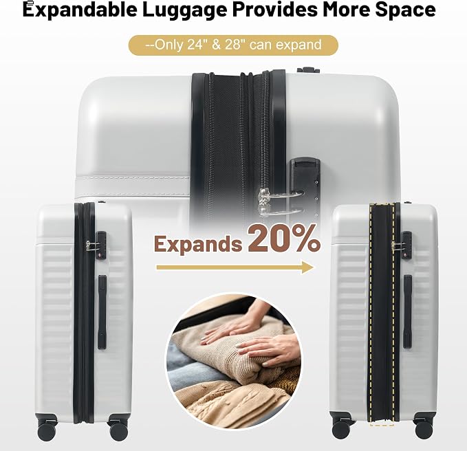 Merax Luggage Sets, Durable Hardshell 3 Piece Suitcase with Bags | Lightweight Carry on Luggage with Double Spinner Wheels and TSA Lock,20+24+28 inches,White Grey - Image 3