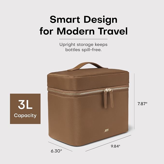 July Vanity Cosmetic Case - Stylish Travel Makeup Bag for Women with Removable Wet Pouch, Upright Bottle Design, Clear Top Pocket, Leather Handle, Travel Essentials, Toiletry Organizer - Light Brown - Image 3