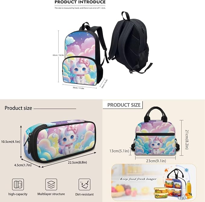 Rainbow Cat 3 Pieces Backpack for Kids, Girls Preschool Backpack with Lunch Box Pencil Case, School Bookbag Set, Kids Backpack for Travel - Image 5