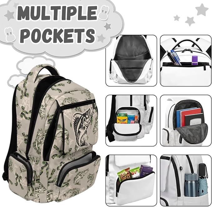 Bass Fish Camo Kids Backpack Set 4Pcs, 17 Inch School Bag | Lunch Bag, Pencil Case, Water Bottle Holder, 600D Durable Fabric, Multi Pockets, for Elementary Middle School Daily Use - Image 3