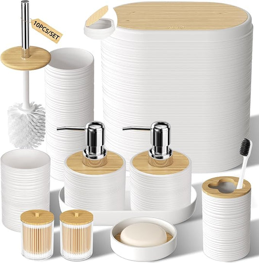 XLHOMO White Bathroom Set - 10PC Bathroom Accessories Set, Luxury Bathroom Accessory Set with Trash Can,Toilet Brush & 2 PC Soap Dispensers for Apartment Decor and Housewarming by BetterbathroomwithXLHOME