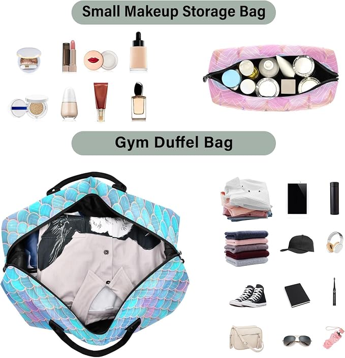 Weekender Bags Travel Duffel Gym Bag Carry on Overnight Tote Bag with Toiletry Bag for Airplane Travel Trip Gym Yoga (Fish Scales Mermaid) - Image 4
