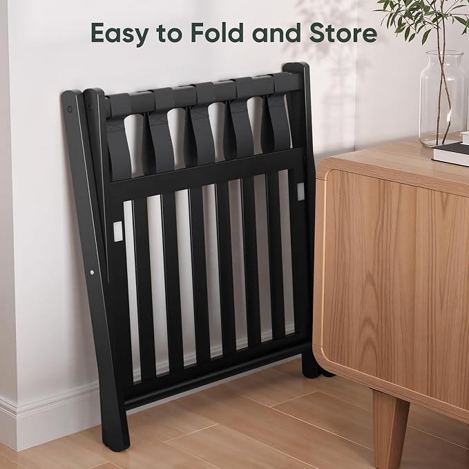 Smart FENDEE 2 Packs Fully Assembled Black Bamboo Luggage Racks with Shoe Shelf, 5 Straps Folding Suitcase Stand, Heavy Duty Luggage Holders for Guest Room, Bedroom, Hotel - Image 7