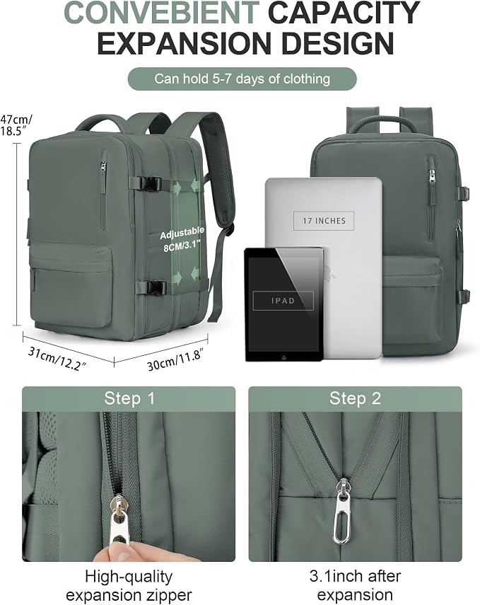Large Travel Laptop Backpack, Expandable Flight Approved Backpack, Carry on Backpack for Women, Waterproof 17inch Laptop Hiking Backpack with Shoe Compartment, Dark Green - Image 4