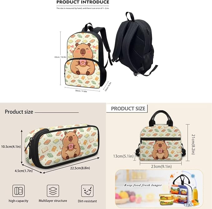 3Pcs Backpack Sets, Kids Capybara Book Bookbag Primary School Daypack Elementary Students Knapsack with Insulated Lunch Box Pencil Case for Teens Girls - Image 5