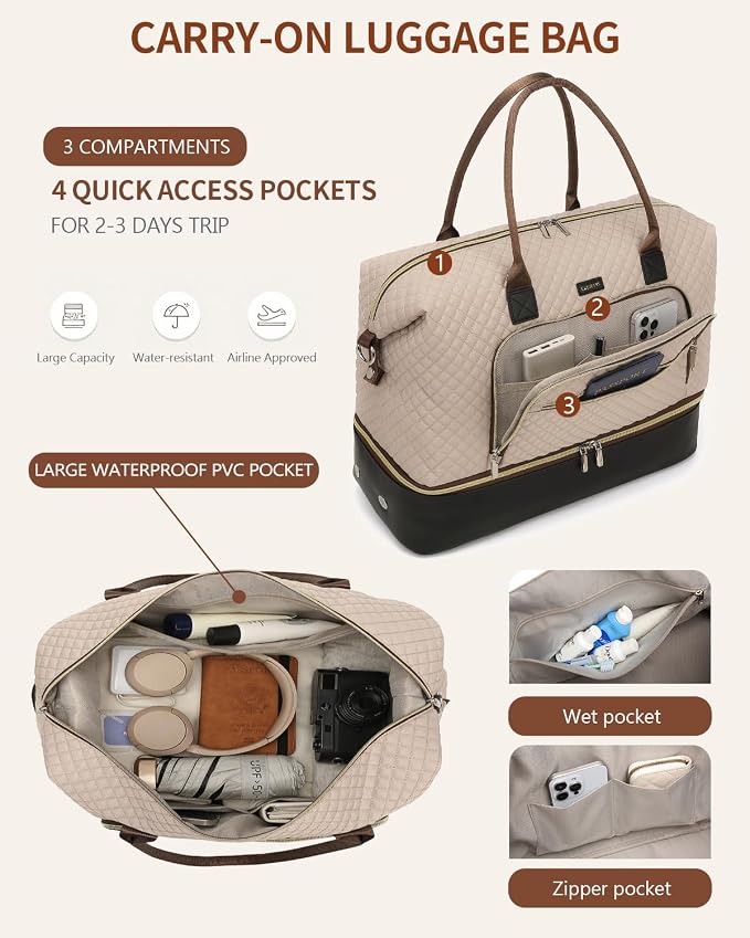 Weekender Bags for Women Travel, Under Seat Carry On Bags for Airplanes Overnight Bag with Shoe Compartment Luggage Sleeve, Foldie Travel Tote Bag Hospital Bag, Travel Gifts, Nude Black - Image 5