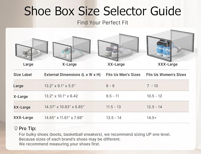 Kuject XX-Large Shoe Storage Boxes Organizers Clear Plastic Stackable 12 Pack, Shoe Rack & Holder Substitute, Sneaker Containers, Shoe Storage Organizer Bins for Closet, Under Bed, Black(No Fold Line) - Image 9