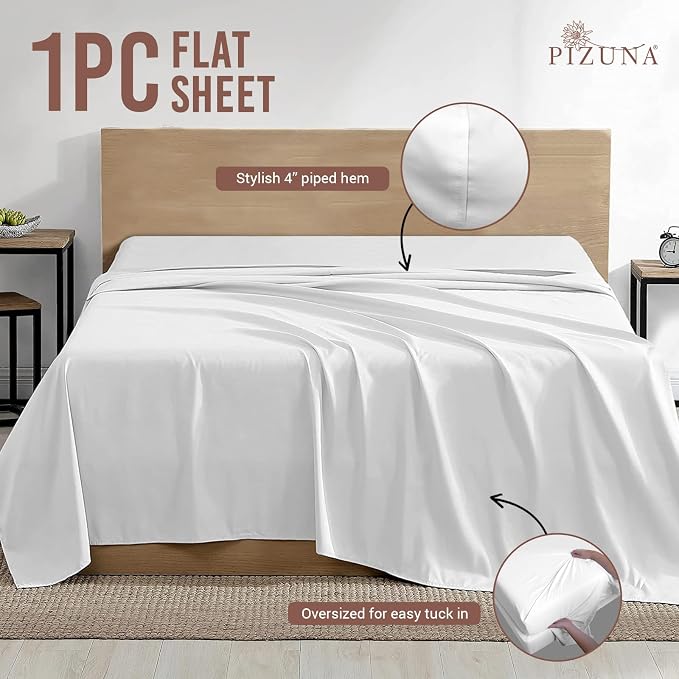 Pizuna Pure 100% Cotton Flat Sheets Only Queen White (1 PC), Luxurious 400 Thread Count Long Staple Cotton Sateen Flat Bed Sheet with 4" Hem (Combed Queen Flat Sheet Only Cotton) - Image 3